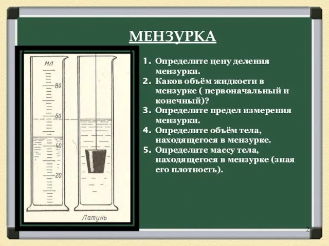 МЕНЗУРКА Определите цену деления мензурки. Каков объём жидкости в мензурке ( первоначальный