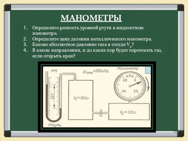 Определите разность уровней ртути в жидкостном манометре. Определите цену деления металлического манометра.