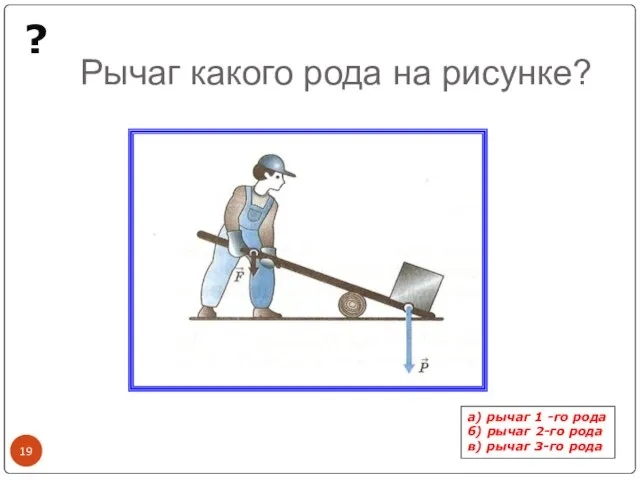 Рычаг какого рода на рисунке? а) рычаг 1 -го рода б) рычаг