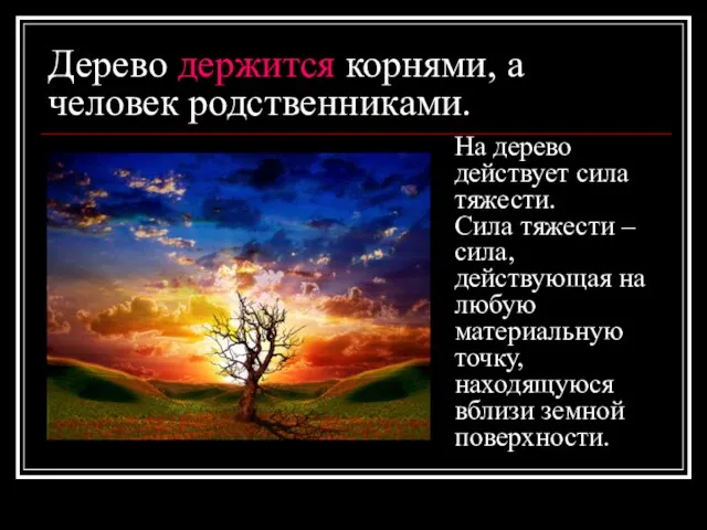 Дерево держится корнями, а человек родственниками. На дерево действует сила тяжести. Сила