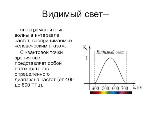 Видимый свет-- электромагнитные волны в интервале частот, воспринимаемых человеческим глазом. С квантовой