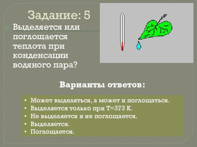 Задание: 5 Выделяется или поглощается теплота при конденсации водяного пара? Может выделяться,