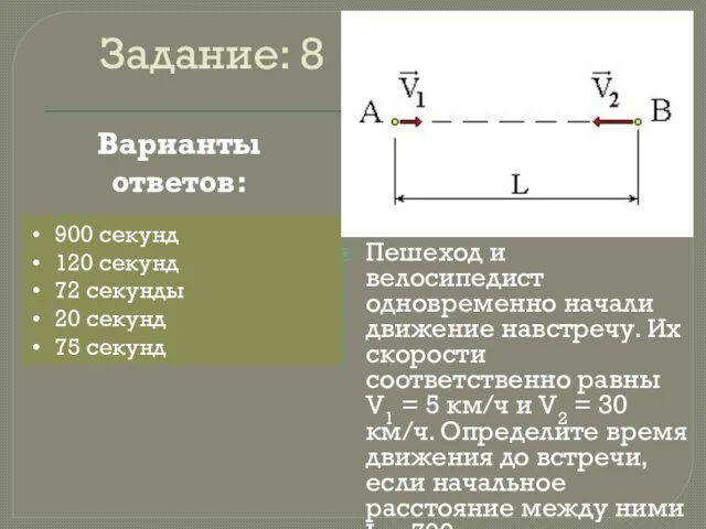 Задание: 8 Пешеход и велосипедист одновременно начали движение навстречу. Их скорости соответственно