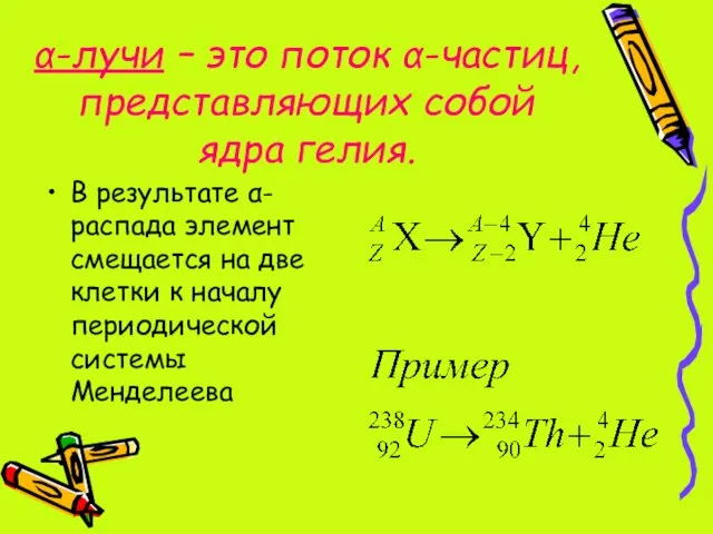 α-лучи – это поток α-частиц, представляющих собой ядра гелия. В результате α-распада