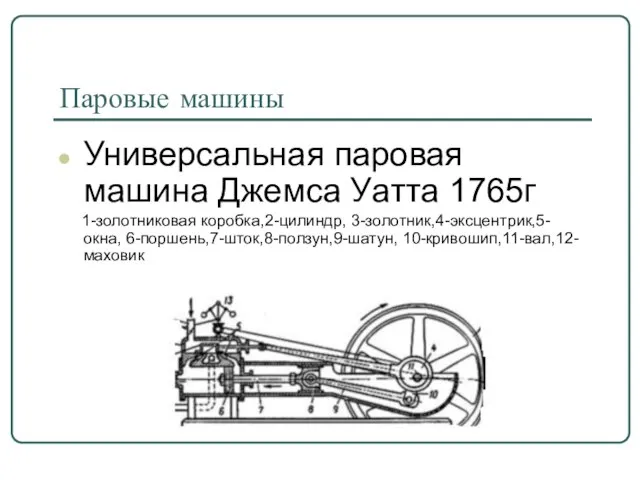 Паровые машины Универсальная паровая машина Джемса Уатта 1765г 1-золотниковая коробка,2-цилиндр, 3-золотник,4-эксцентрик,5-окна, 6-поршень,7-шток,8-ползун,9-шатун, 10-кривошип,11-вал,12-маховик