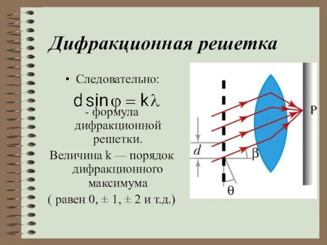Дифракционная решетка Следовательно: - формула дифракционной решетки. Величина k — порядок дифракционного