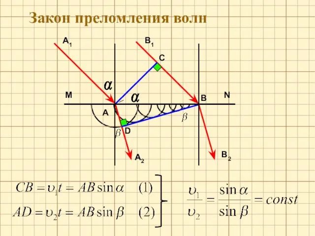 C В1 M N А1 А В D А2 В2 Закон преломления волн