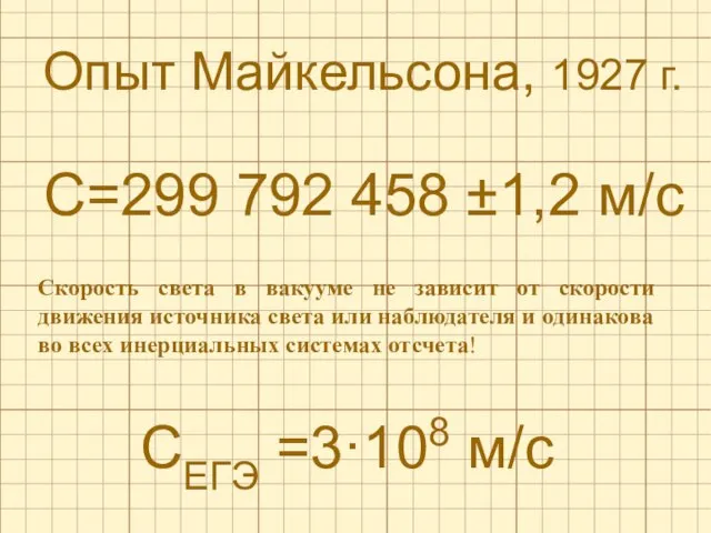 С=299 792 458 ±1,2 м/с СЕГЭ =3·108 м/с Скорость света в вакууме