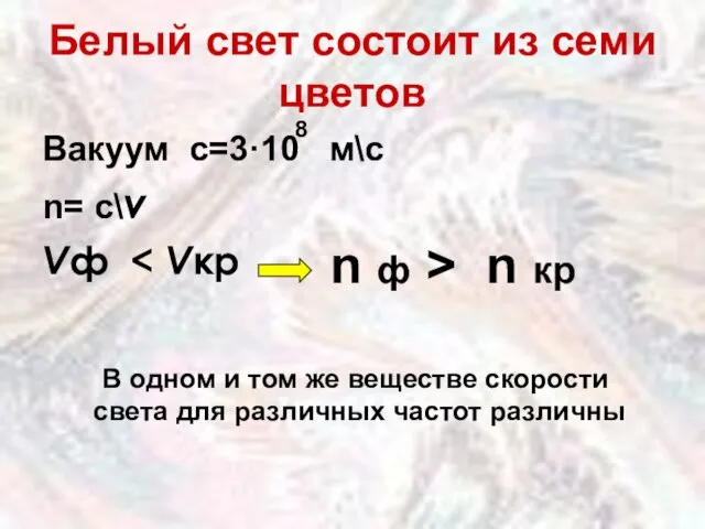 Белый свет состоит из семи цветов Вакуум с=3·10 м\с n= c\v Vф