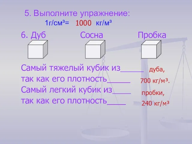 5. Выполните упражнение: 1г/см³= кг/м³ 6. Дуб Сосна Пробка Самый тяжелый кубик