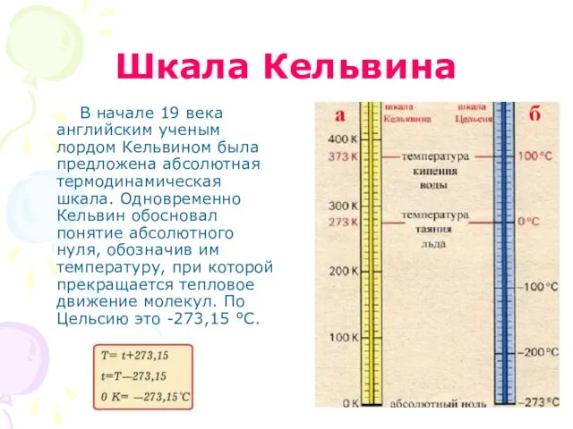 Шкала Кельвина В начале 19 века английским ученым лордом Кельвином была предложена