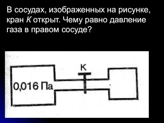 В сосудах, изображенных на рисунке, кран К открыт. Чему равно давление газа в правом сосуде?