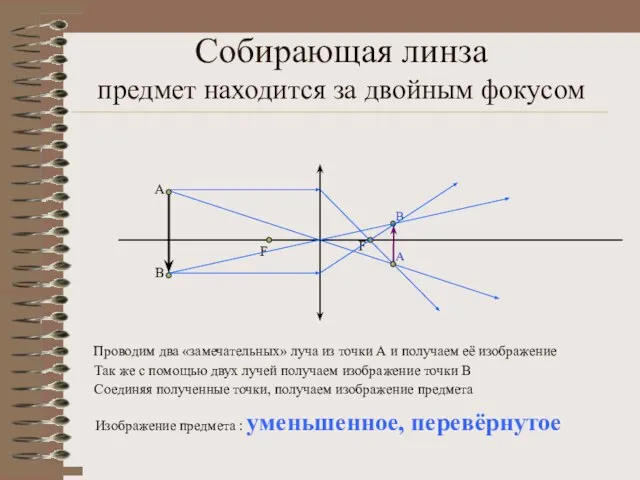 Собирающая линза предмет находится за двойным фокусом Проводим два «замечательных» луча из