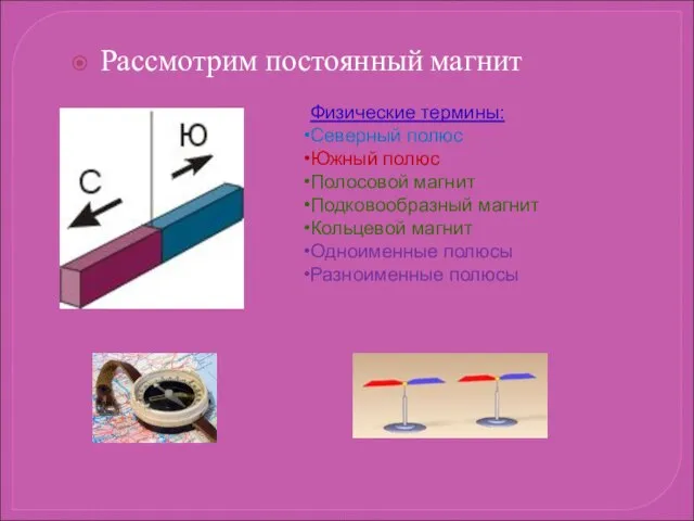 Рассмотрим постоянный магнит Физические термины: Северный полюс Южный полюс Полосовой магнит Подковообразный