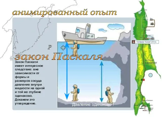 P закон Паскаля анимированный опыт Закон Паскаля имеет интересное следствие: вне зависимости