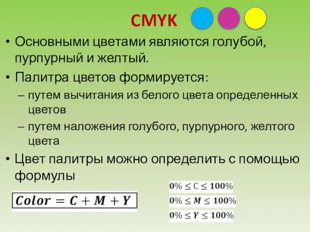 CMYK Основными цветами являются голубой, пурпурный и желтый. Палитра цветов формируется: путем