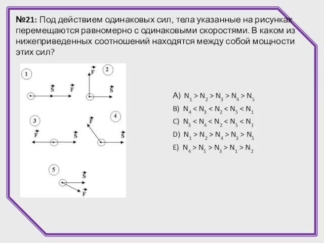 №21: Под действием одинаковых сил, тела указанные на рисунках перемещаются равномерно с