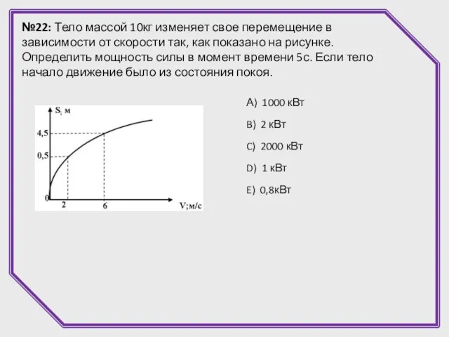 №22: Тело массой 10кг изменяет свое перемещение в зависимости от скорости так,