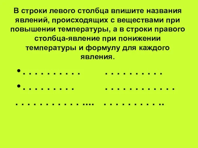 В строки левого столбца впишите названия явлений, происходящих с веществами при повышении