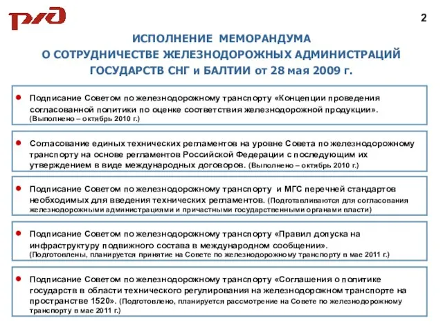 ИСПОЛНЕНИЕ МЕМОРАНДУМА О СОТРУДНИЧЕСТВЕ ЖЕЛЕЗНОДОРОЖНЫХ АДМИНИСТРАЦИЙ ГОСУДАРСТВ СНГ и БАЛТИИ от 28