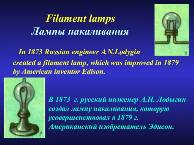 Filament lamps Лампы накаливания In 1873 Russian engineer A.N.Lodygin created a filament