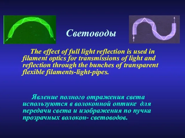 Световоды The effect of full light reflection is used in filament optics