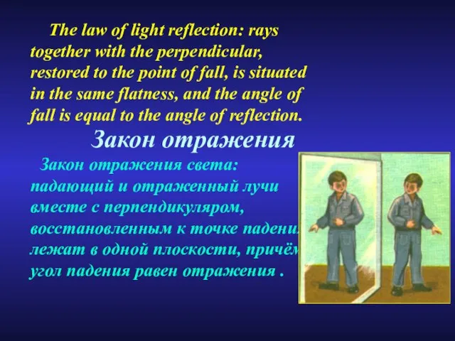 Закон отражения The law of light reflection: rays together with the perpendicular,