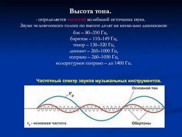 Высота тона. - определяется частотой колебаний источника звука. Звуки человеческого голоса по