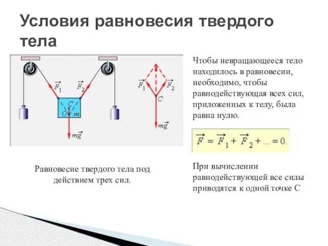 Чтобы невращающееся тело находилось в равновесии, необходимо, чтобы равнодействующая всех сил, приложенных