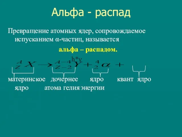 Альфа - распад Превращение атомных ядер, сопровождаемое испусканием α-частиц, называется альфа –