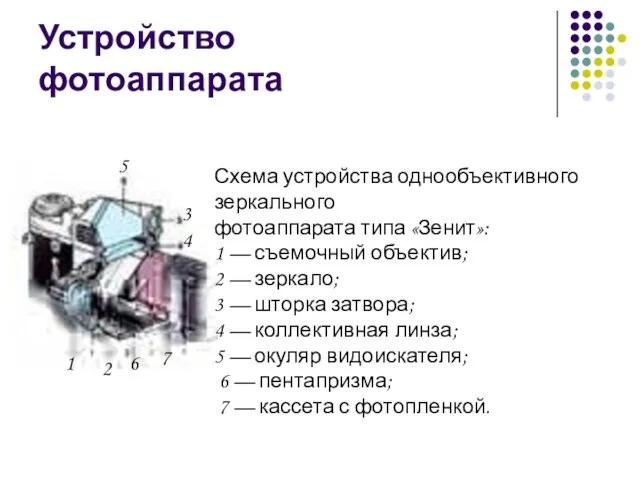 Устройство фотоаппарата 2 3 4 5 6 Схема устройства однообъективного зеркального фотоаппарата