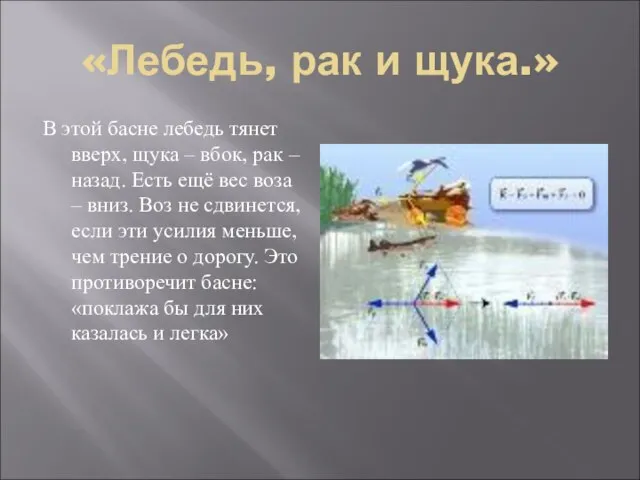 «Лебедь, рак и щука.» В этой басне лебедь тянет вверх, щука –