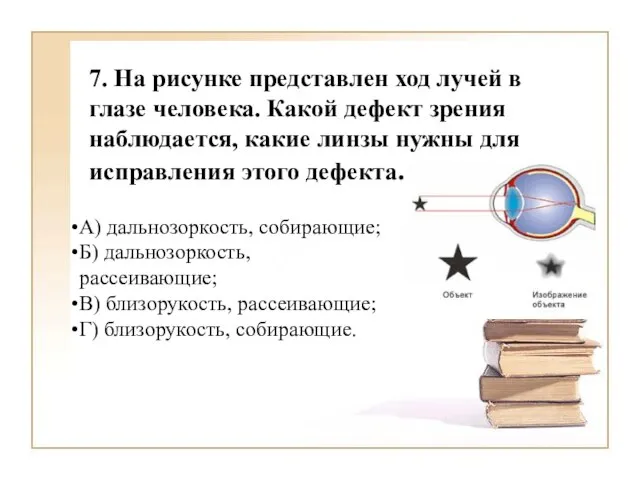 7. На рисунке представлен ход лучей в глазе человека. Какой дефект зрения