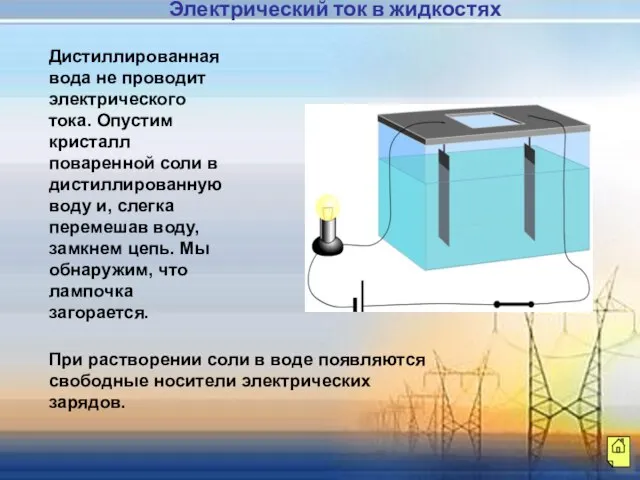 Дистиллированная вода не проводит электрического тока. Опустим кристалл поваренной соли в дистиллированную