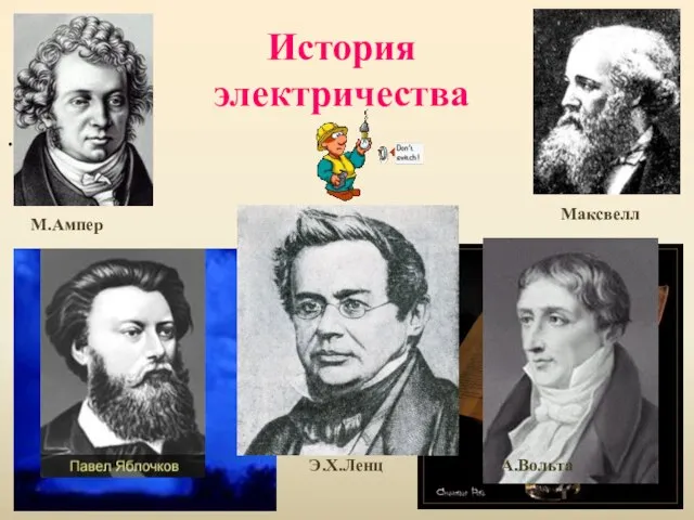 История электричества . А.Вольта Э.Х.Ленц М.Ампер Максвелл