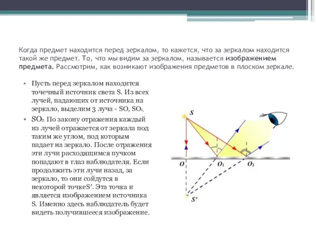 Когда предмет находится перед зеркалом, то кажется, что за зеркалом находится такой