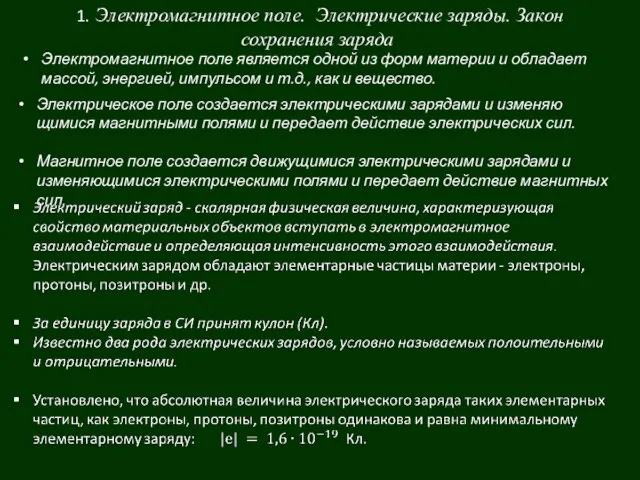 1. Электромагнитное поле. Электрические заряды. Закон сохранения заряда. Электромагнитное поле является одной