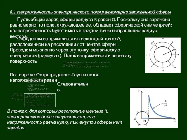 8.1 Напряженность электрического поля равномерно заряженной сферы Пусть общий заряд сферы радиуса