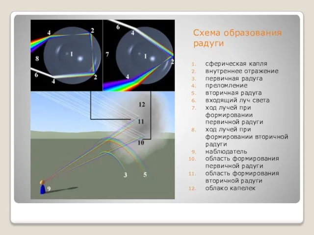 Схема образования радуги сферическая капля внутреннее отражение первичная радуга преломление вторичная радуга