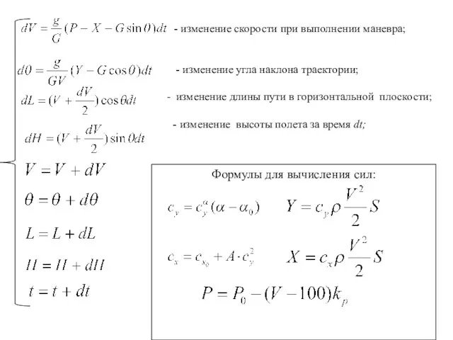 - изменение скорости при выполнении маневра; - изменение угла наклона траектории; изменение