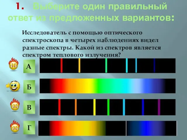 Исследователь с помощью оптического спектроскопа в четырех наблюдениях видел разные спектры. Какой