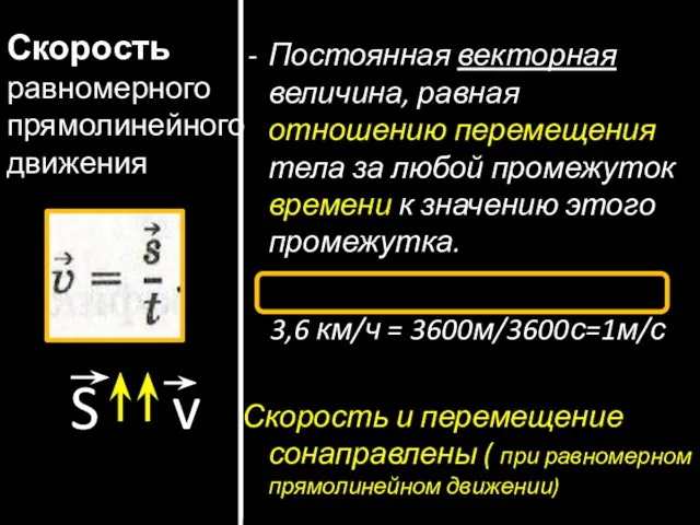 Скорость равномерного прямолинейного движения S v Постоянная векторная величина, равная отношению перемещения