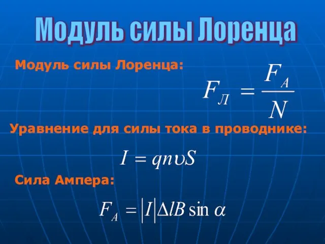 Модуль силы Лоренца: Модуль силы Лоренца Уравнение для силы тока в проводнике: Сила Ампера: