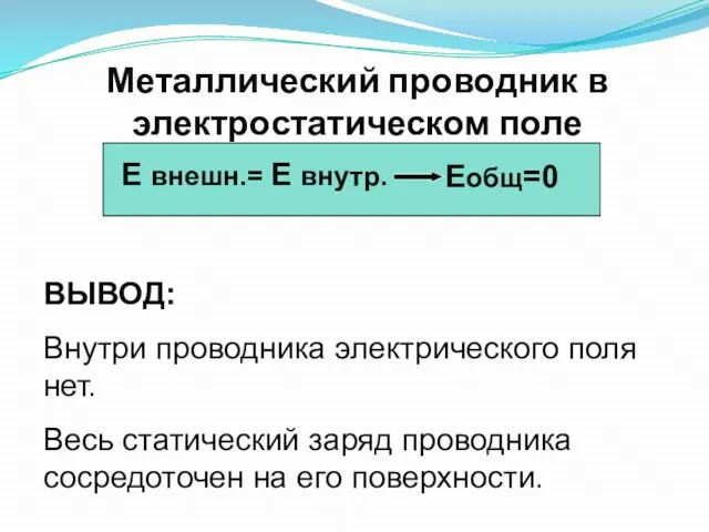 Металлический проводник в электростатическом поле Е внешн.= Е внутр. Еобщ=0 ВЫВОД: Внутри