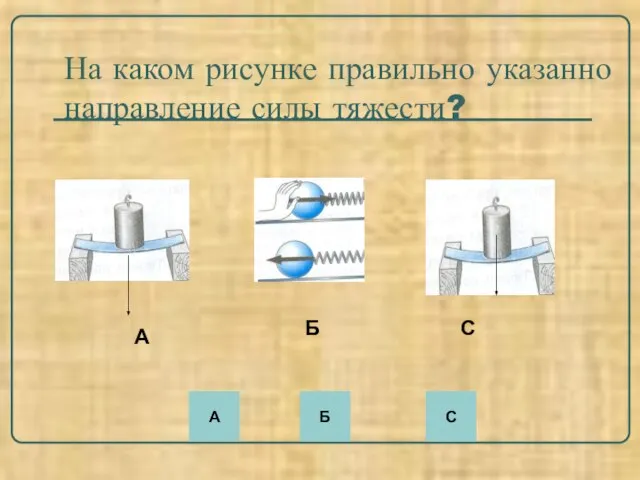 На каком рисунке правильно указанно направление силы тяжести? А Б С А С Б