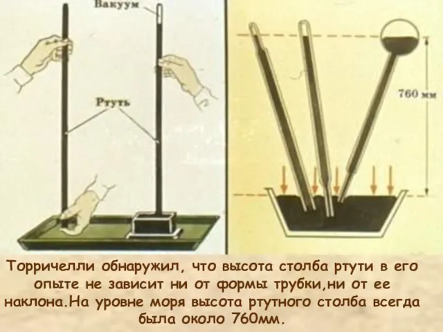 Торричелли обнаружил, что высота столба ртути в его опыте не зависит ни