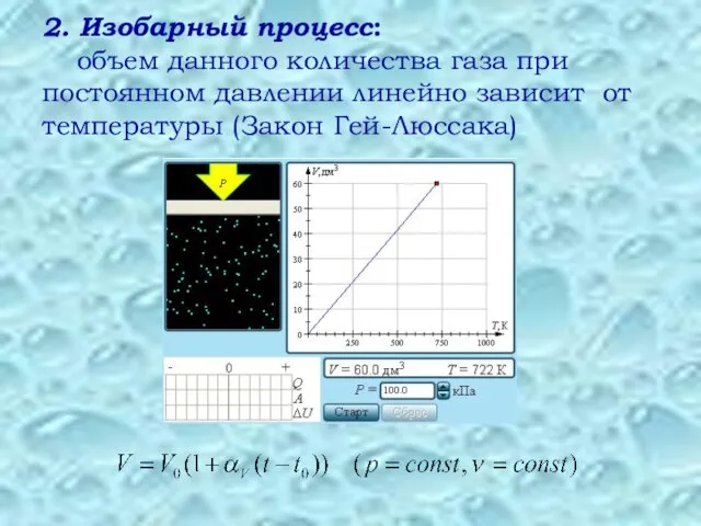 2. Изобарный процесс: объем данного количества газа при постоянном давлении линейно зависит от температуры (Закон Гей-Люссака)