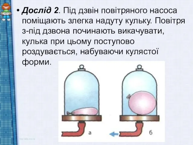 Дослід 2. Під дзвін повітряного насоса поміщають злегка надуту кульку. Повітря з-під