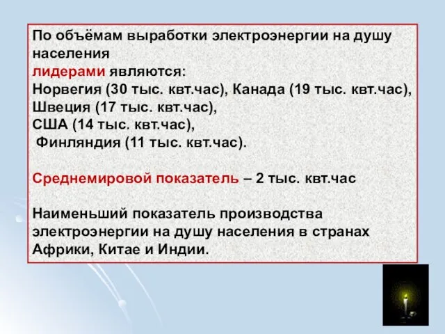 По объёмам выработки электроэнергии на душу населения лидерами являются: Норвегия (30 тыс.