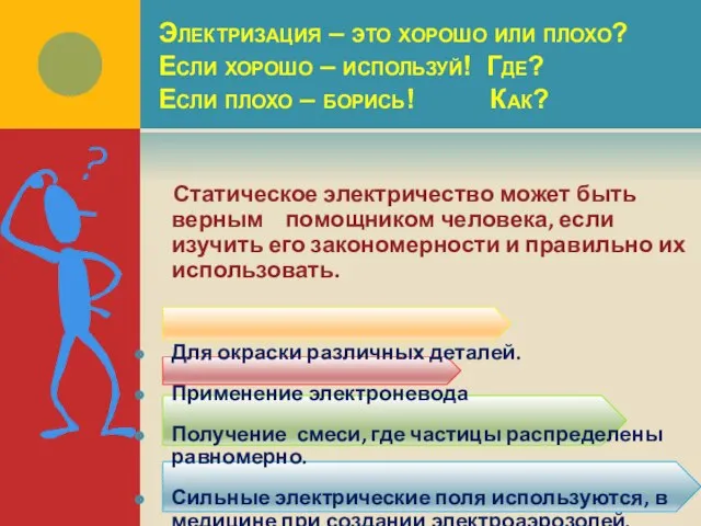 Электризация – это хорошо или плохо? Если хорошо – используй! Где? Если